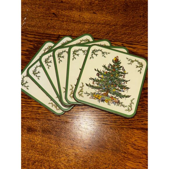 Spode Coasters Set of 6 Cork Back Christmas Tree Holidays Festive Traditional - Picture 7 of 7